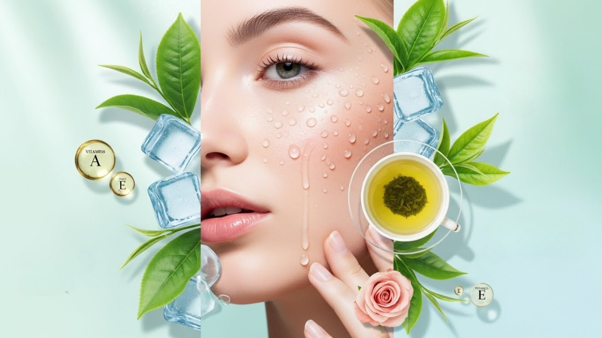 Нежный бьюти‑коллаж: свежая женская кожа, капли воды, кубики льда, зелёный чай, витамины A и E,.