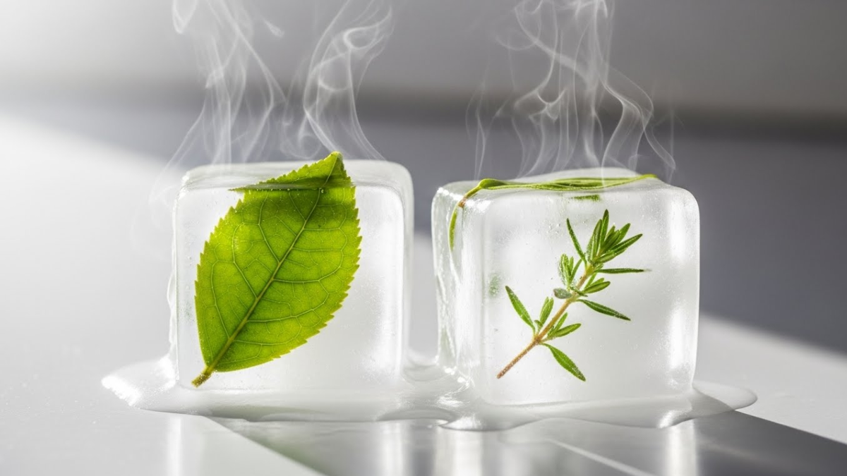 Крупный план прозрачных косметических кубиков льда с травяными настойками и зелёным чаем, лёгкий пар.