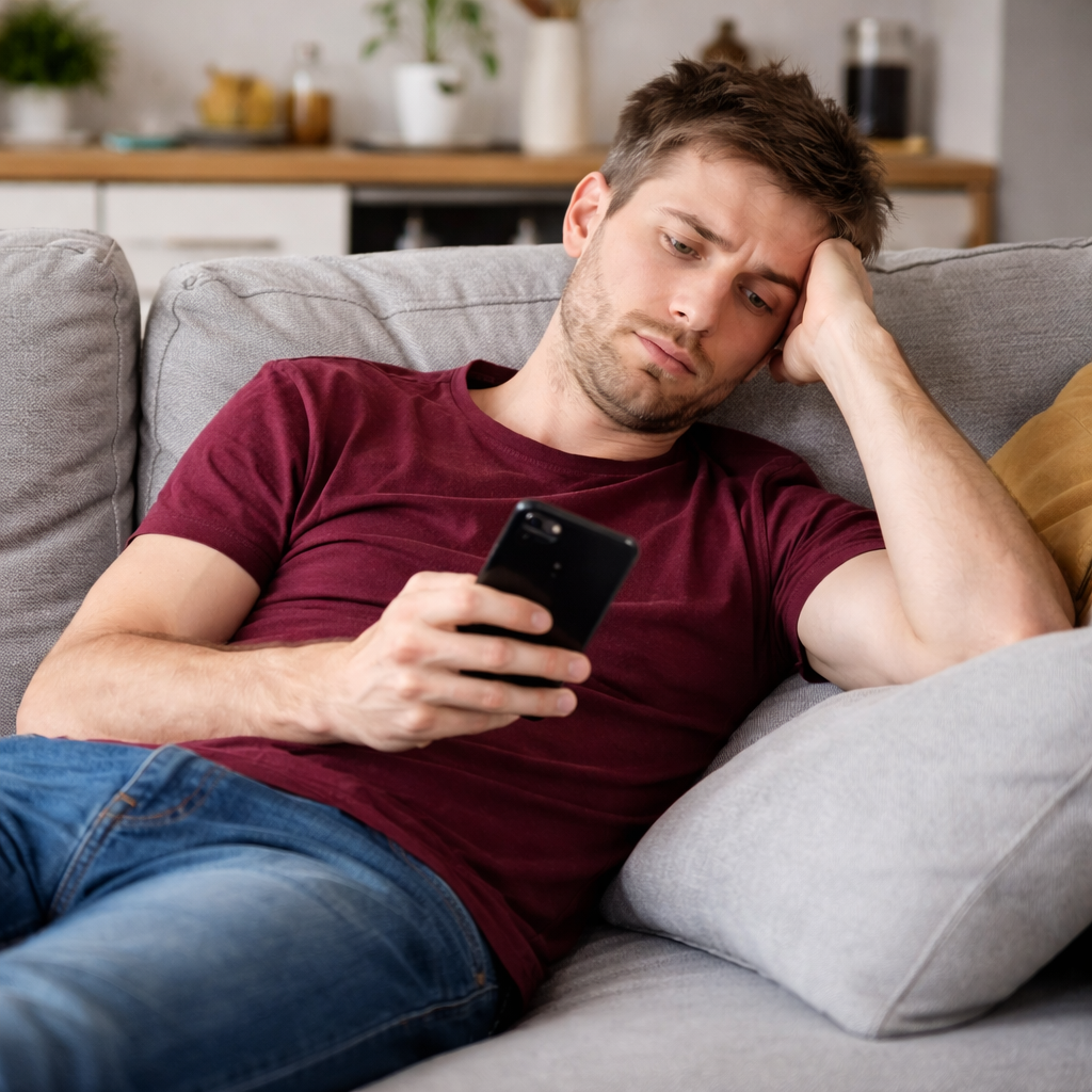 Уставший человек на диване со смартфоном в руке современная квартира
