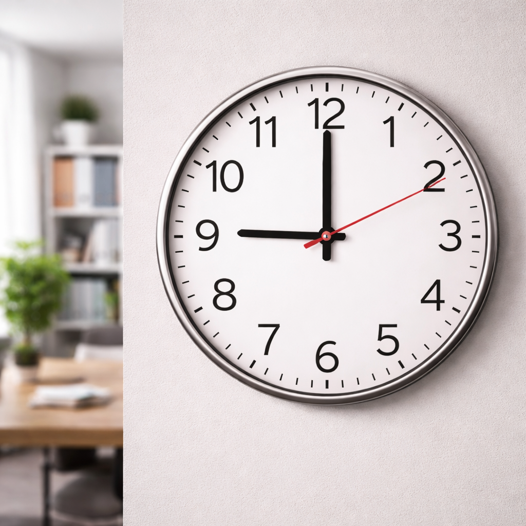 Настенные часы крупным планом размытый фон офиса