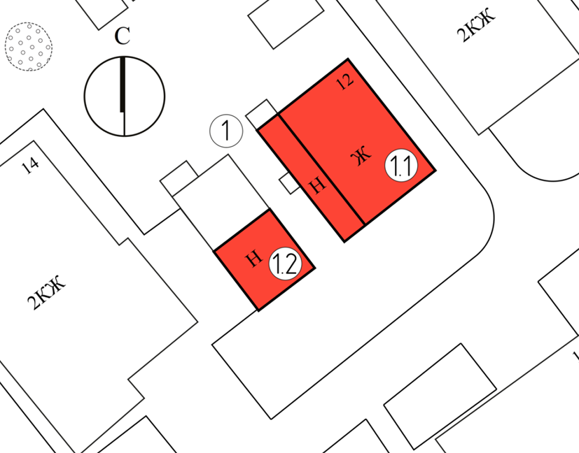 Ситуационная схема, где 1.1 – Жилой дом, 1.2 – Флигель, выполнена Стародубцевой Т.В.