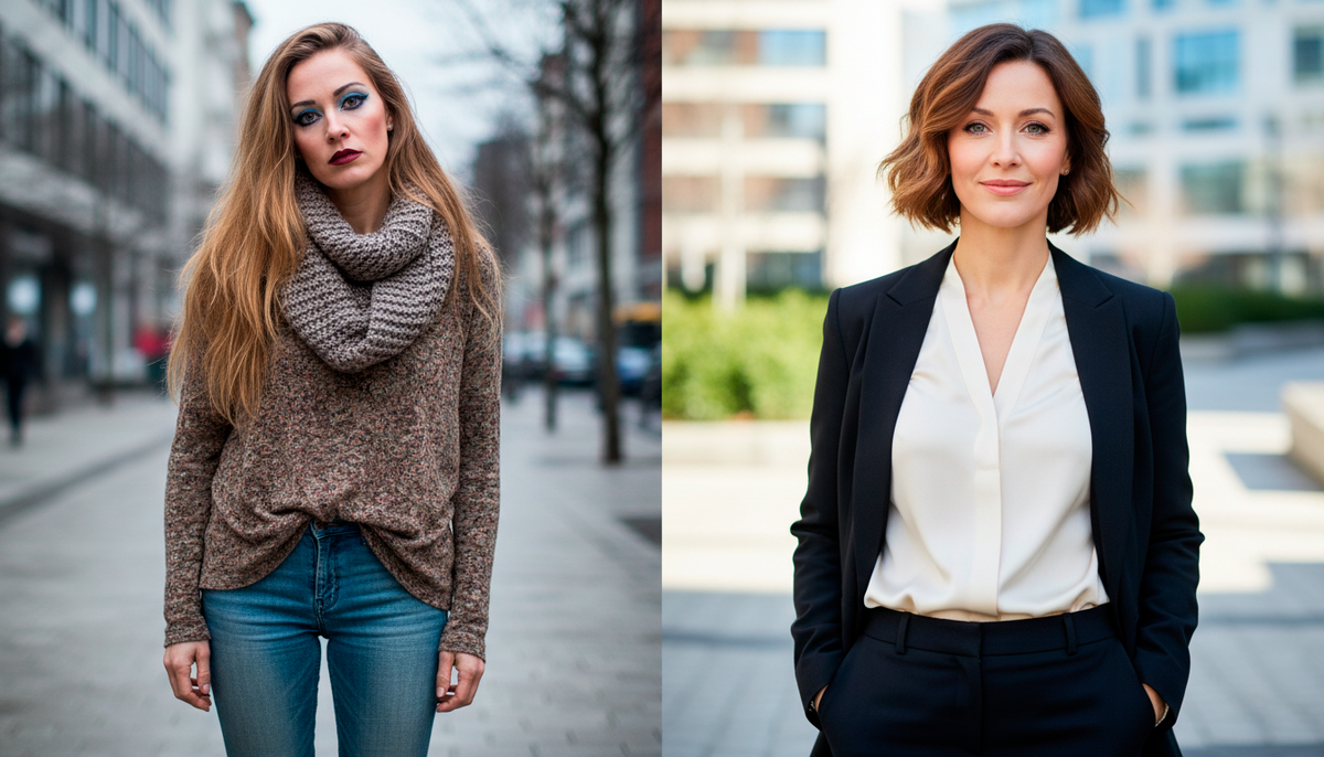 Две женщины одного возраста — 43 года. Слева — выглядит на 55: старая одежда, ослабленные волосы, макияж из 90-х, плохая осанка. Справа — выглядит на 35: современная одежда, объёмная стрижка, естественный макияж, прямая спина. Разница в уходе, а не в возрасте!