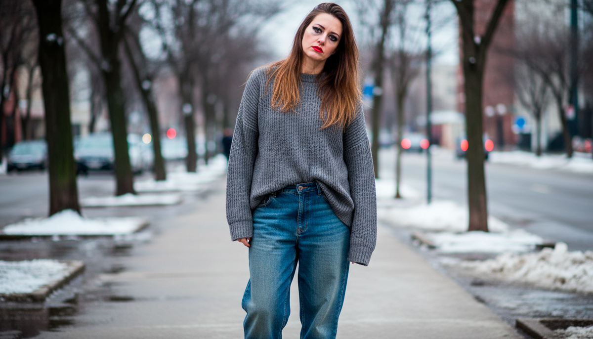 Вот она — неправильная одежда. Заниженная талия, объёмный свитер скрывают фигуру. Джинсы-бочки добавляют объём там, где его быть не должно. Нет талии, нет силуэта, плюс 10 кг визуально. Это мода 2010 года, женщина выглядит старше.