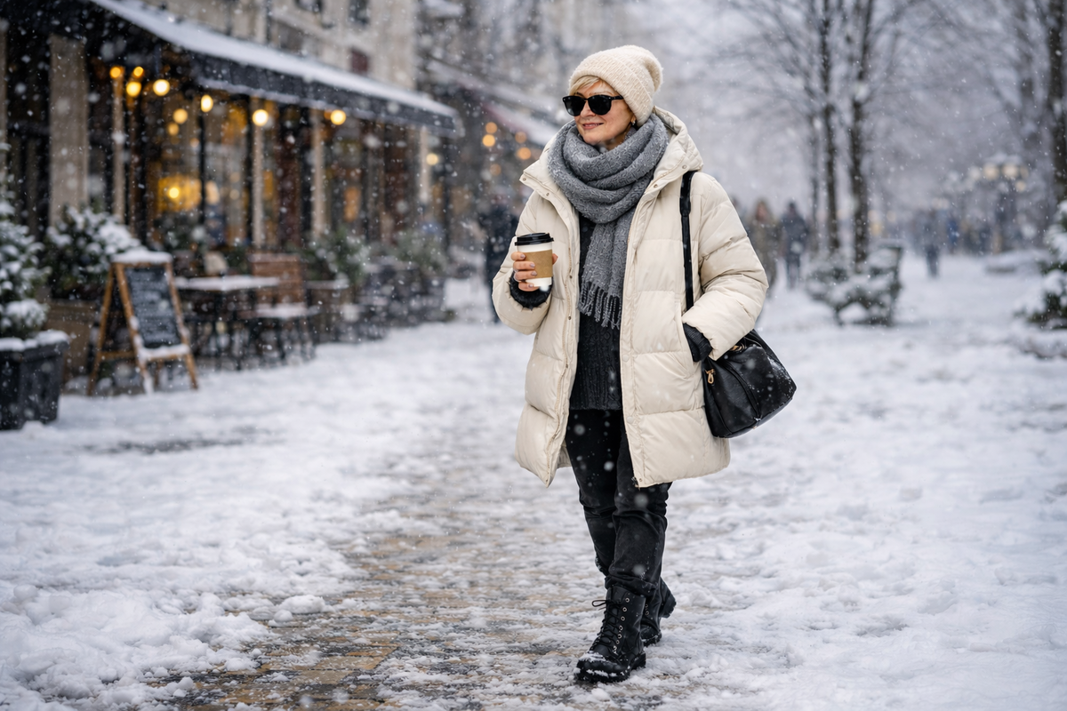 Зимняя прогулка по городу: тёплый свет кафе, мягкий снег и продуманный многослойный образ. Светлый пуховик, объёмный шарф и удобная обувь, пример того, как комфорт и стиль работают вместе даже в мороз.