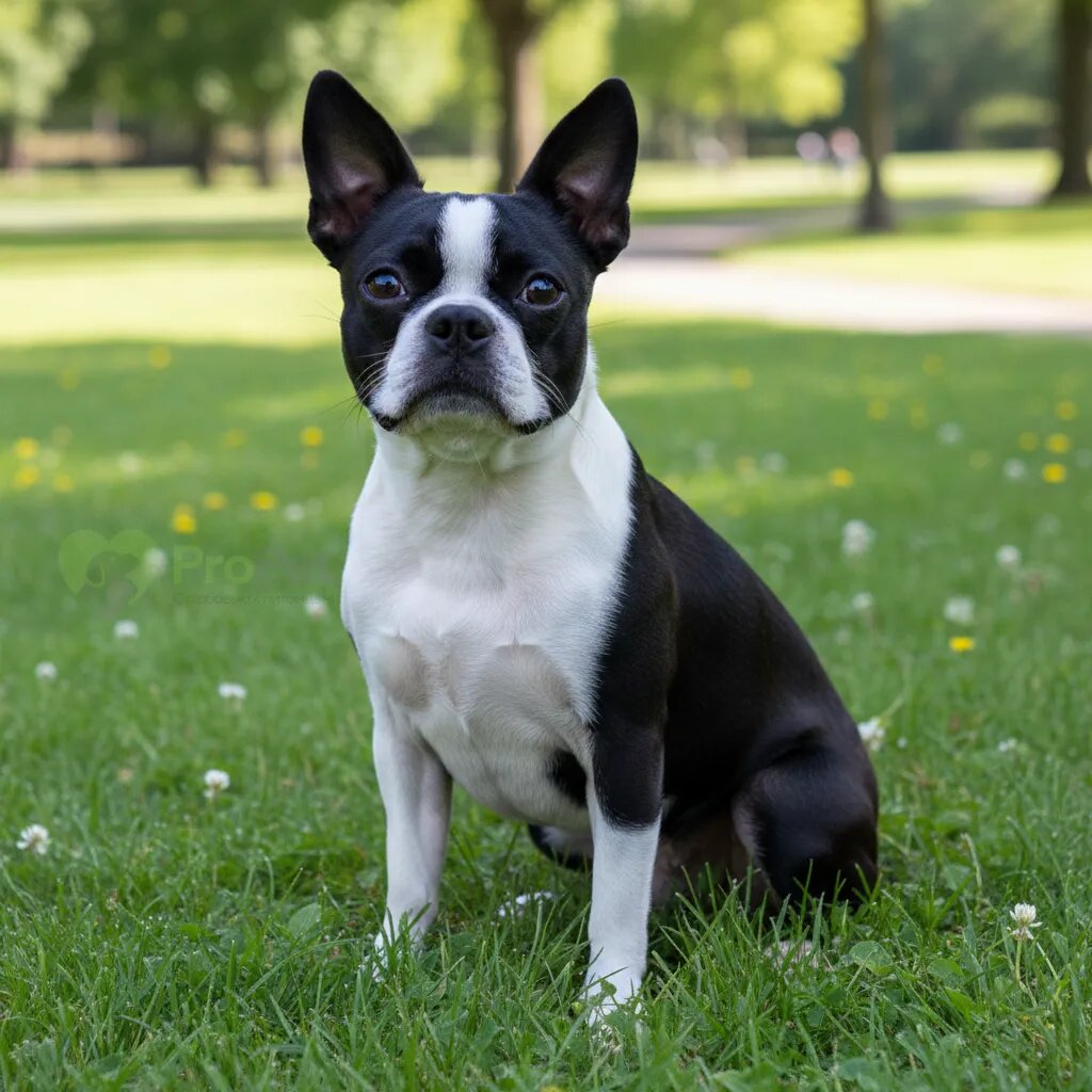 Бостонский терьер в классическом окрасе «смокинг» сидит на траве