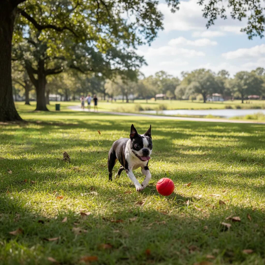 Активный бостонский терьер играет с мячом в парке