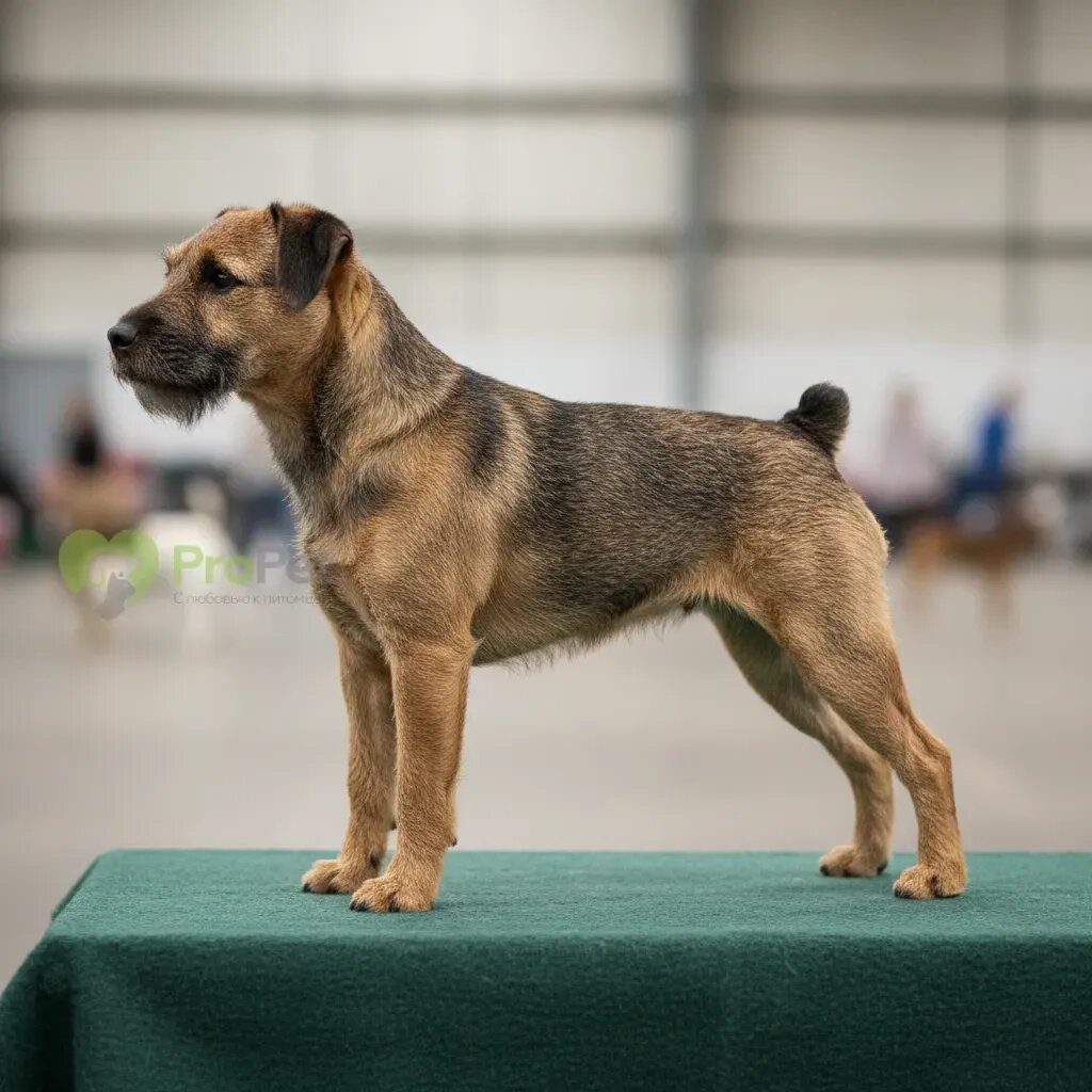 Бордер-терьер в выставочной стойке, демонстрирующий структуру тела