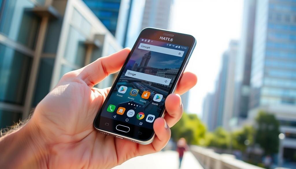    Изображение современного смартфона в руках пользователя на улице