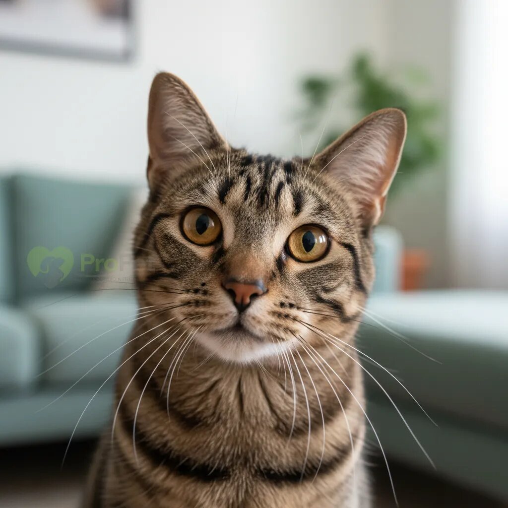 Полосатая кошка с любопытством смотрит в камеру