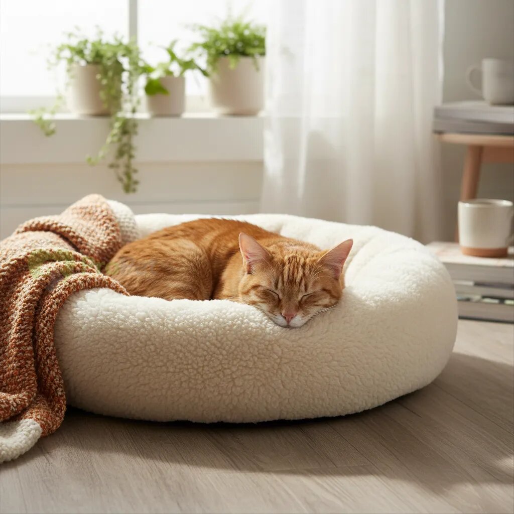 Рыжая кошка спит в уютной лежанке