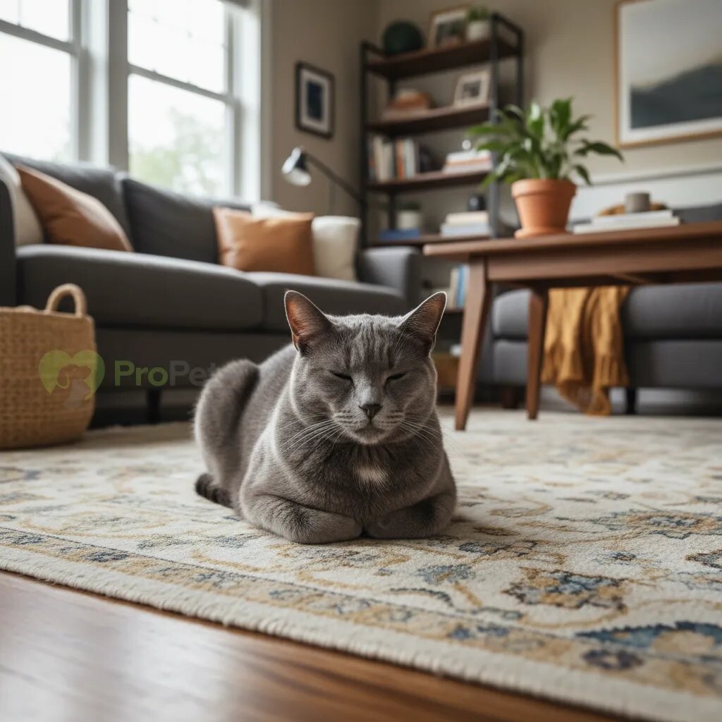 Спокойная кошка серого окраса лежит на ковре в гостиной