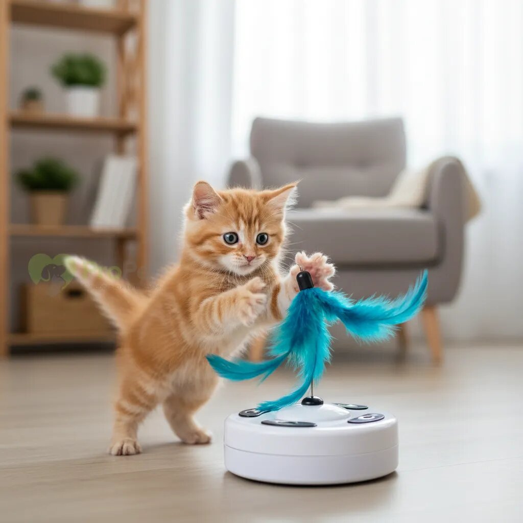 Котенок играет с интерактивной игрушкой-дразнилкой