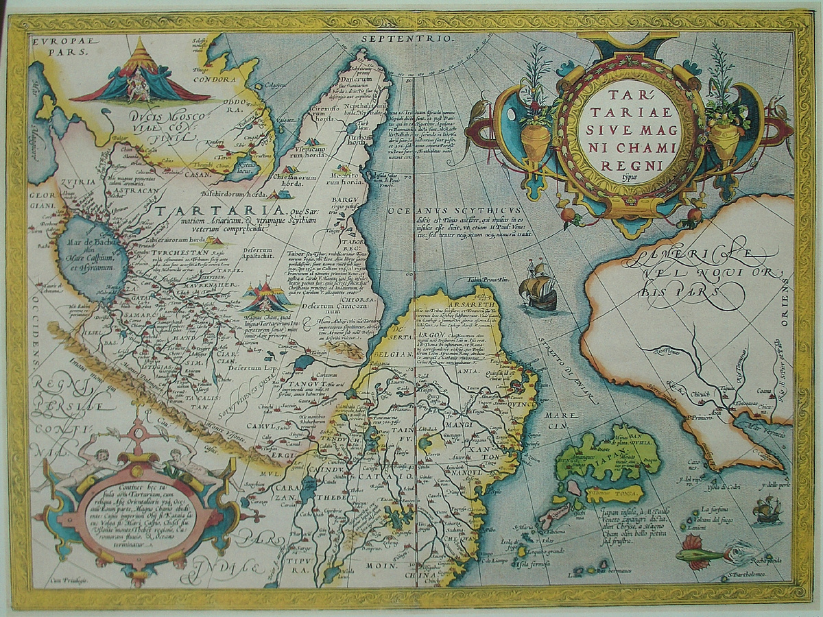 Татария или Царство Великого Хана. На карте Тартарии Абрахама Ортелия (ок. 1570) она простирается от Казани до Хами (Кумула) (Camul), граничит со владениями Великого князя московского, Грузией, Персией и Тибетом, и омывается Чёрным морем, Каспийским морем и Северный Ледовитый океан (Скифским океаном). Ею правит Великий Хан, что «по-татарски» значит «император».