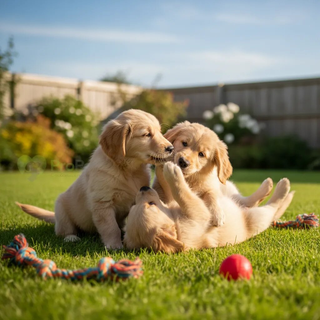 Два щенка золотистого ретривера весело играют на траве