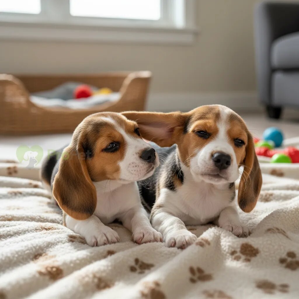 Маленький щенок породы бигль легонько прикусывает ухо своему брату