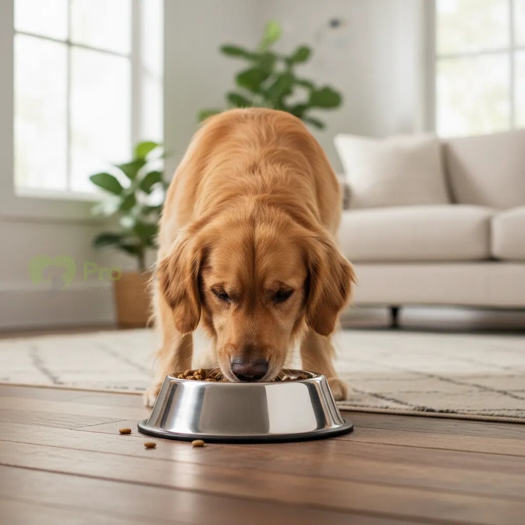Собака ест из миски с сухим кормом