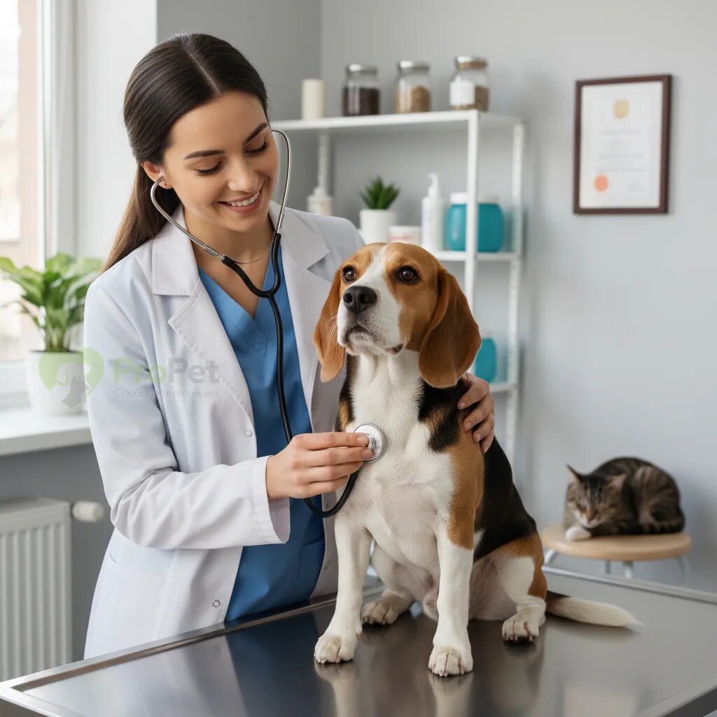 Ветеринарный врач слушает стетоскопом собаку породы бигль