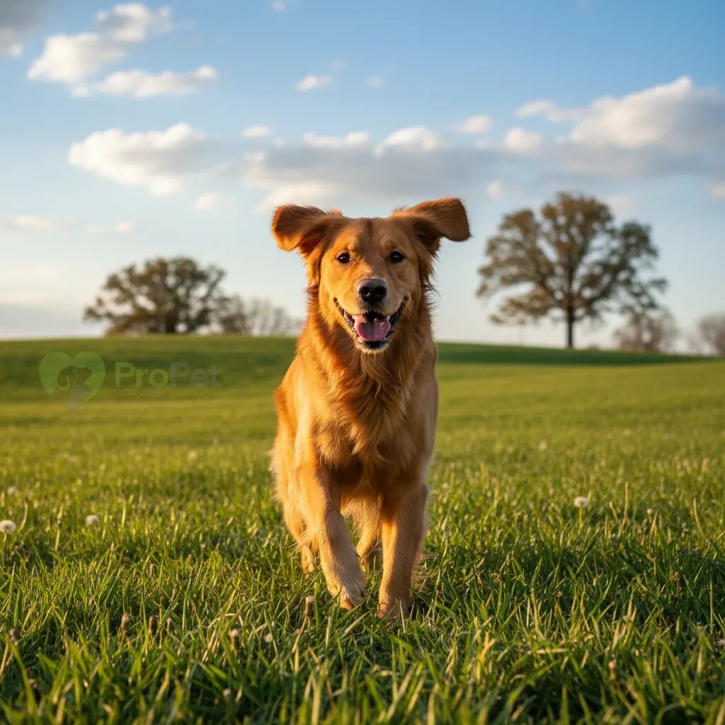 Счастливая здоровая собака с блестящей шерстью бежит по траве