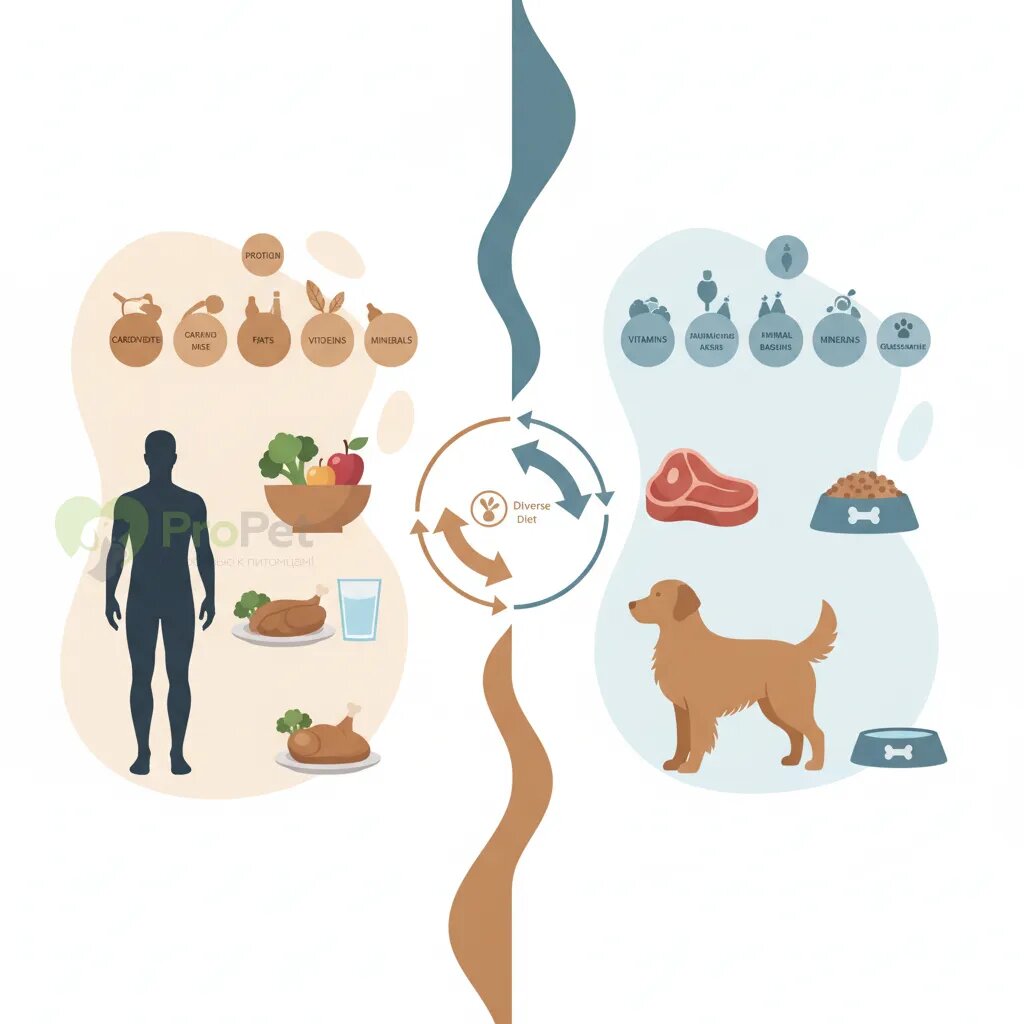 Инфографика, сравнивающая питательные потребности человека и собаки