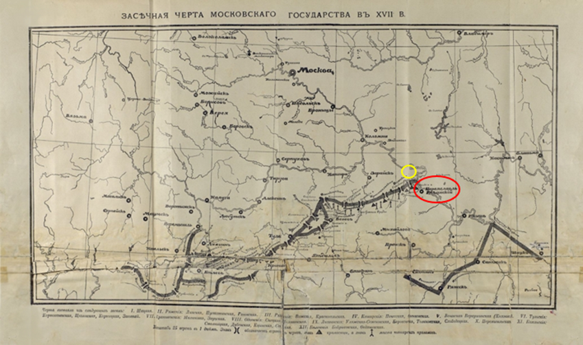 Засечная черта Московского государства в XVII в. Красным контуром выделен город Переславль-Рязанский (ныне Рязань), а желтым – ориентировочно исследуемая территория. Источник: https://historyrussia.org/sobytiya/pervenets-bolshoj-zasechnoj-vityaz-v-kamennykh-dospekhakh.html