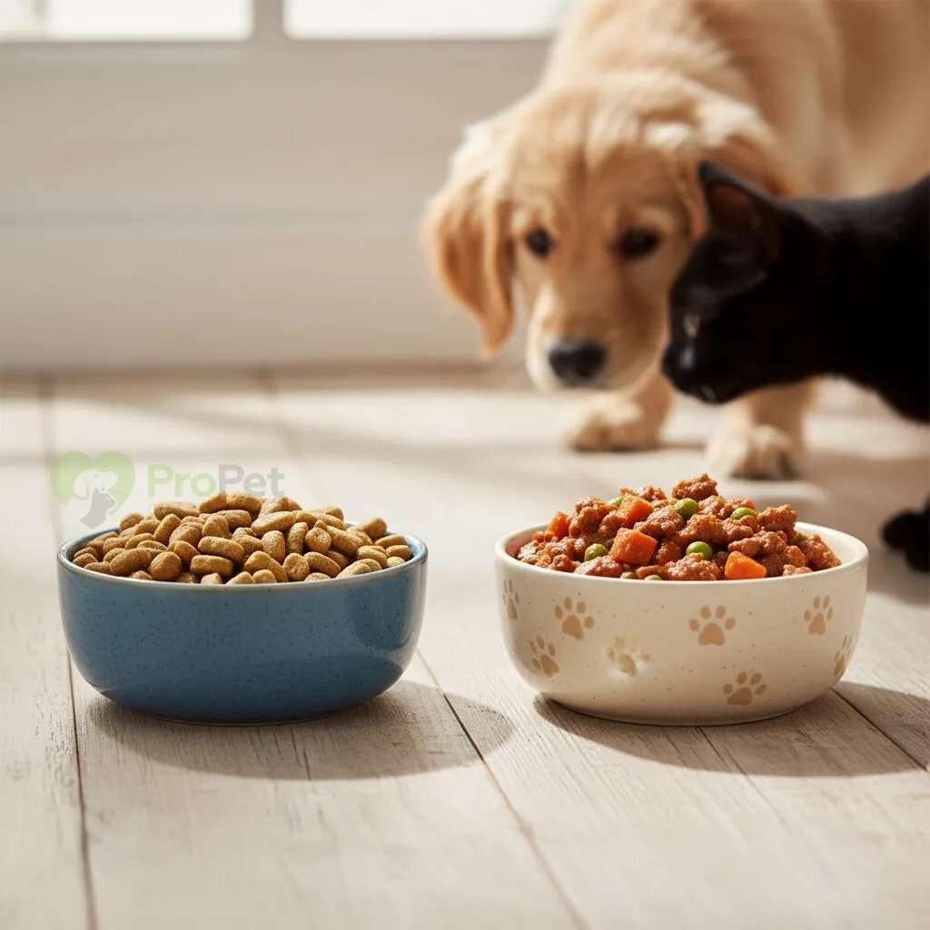 Две миски рядом: одна с сухим кормом, другая с влажным