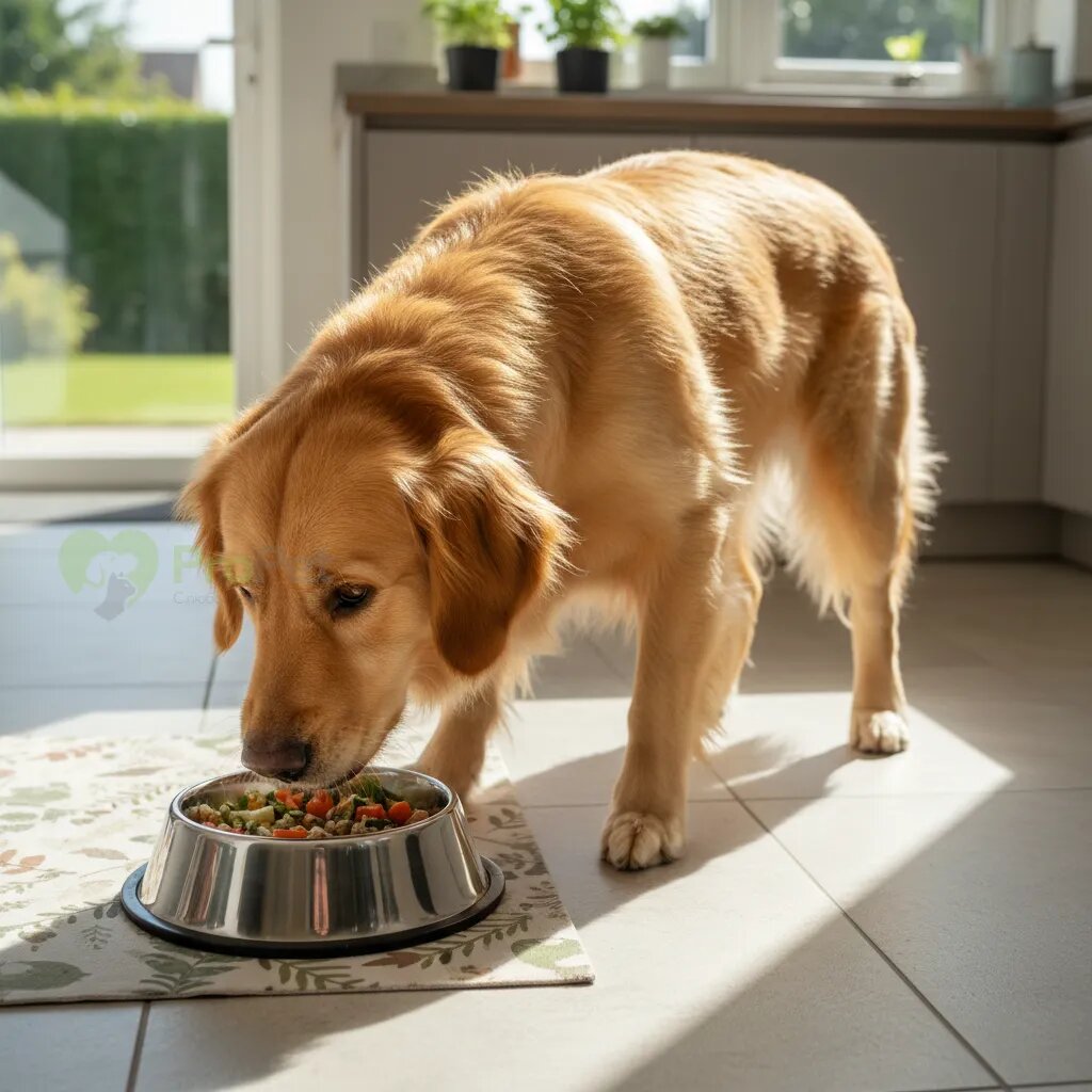 Здоровая собака с блестящей шерстью ест из миски