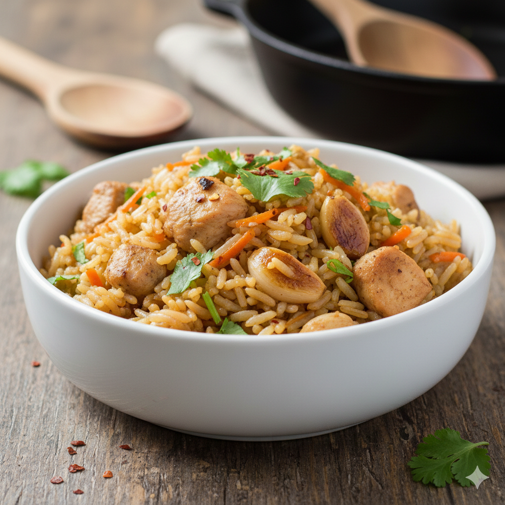 Плов с филе курицы или индейки — это прекрасный вариант для обеда при похудении. Чтобы он остался диетическим, важно контролировать количество масла и риса.​Вот как сделать «плов для похудения» и сколько его можно съесть, чтобы остаться в рамках плана:​Правила диетического плова:​Масло: Используйте не более 1 ст. ложки на всю сковороду (или готовьте в мультиварке/на антипригарной сковороде с каплей масла).​Морковь и лук: Положите их побольше — это увеличит объем порции без лишних калорий.​Рис: Лучше использовать пропаренный или бурый, но подойдет и обычный, если его хорошо промыть.​Расчет порции на обед (450–500 ккал):​Для снижения веса ваша порция готового плова должна составлять примерно 250–300 грамм.​Примерный состав такой порции:​Филе (100–120 г): основной источник белка.​Рис (100–120 г готового веса): энергия.​Овощи и капля масла (60–80 г): клетчатка и вкус.​КБЖУ порции плова (250 г):​Калории: ~420 ккал​Белки: ~28 г​Жиры: ~10 г​Углеводы: ~55 г​Как сделать обед еще эффективнее для похудения:​Добавьте к порции плова большой салат из свежих овощей (огурец, капуста, зелень).​Зачем? Овощи займут место в желудке, и вы наедитесь меньшим количеством риса. К тому же клетчатка замедлит усвоение углеводов из риса.