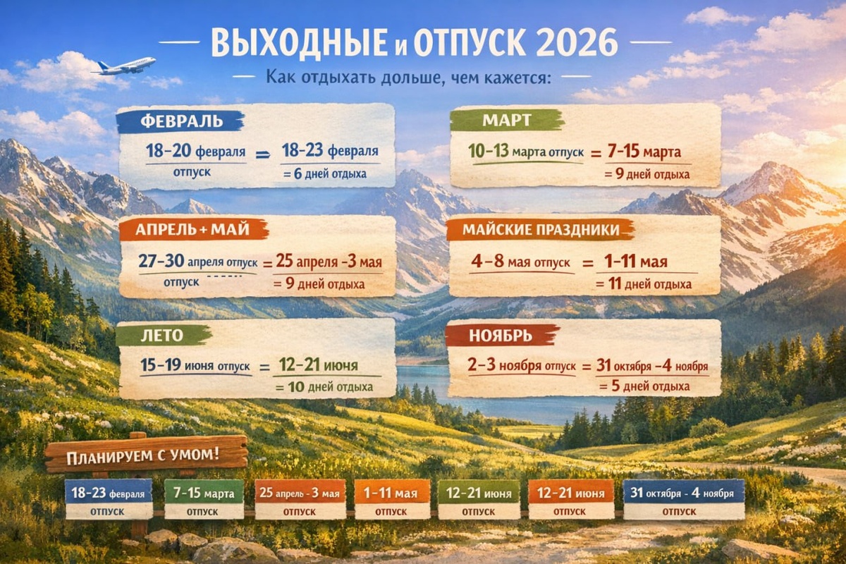 Планируя заранее, мы не просто экономим деньги и дни. Мы даём себе право на радость без суеты. Так мы сможем получить выгодные решения: без давления открыть календарь, расставить акценты и понять, где в этом году будет место для отдыха, а где — для работы.