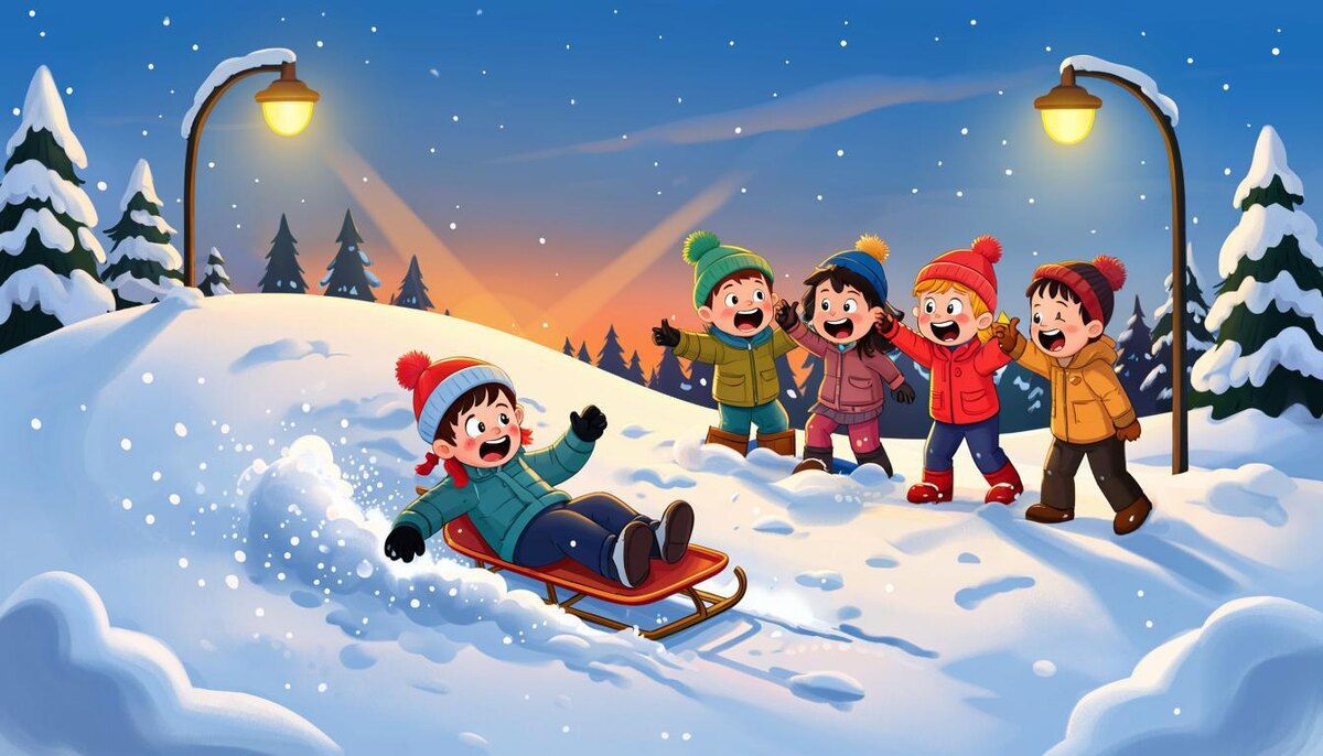 Зимний вечер, дети играют