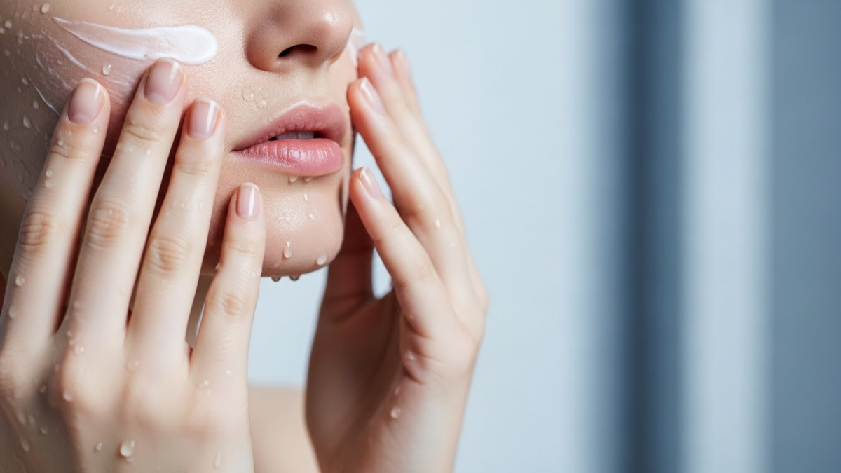 Нежная женская кожа вблизи, руки наносят защитный крем.