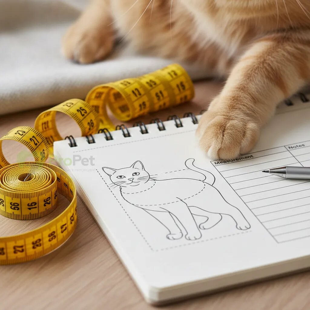 Сантиметровая лента и блокнот для записи мерок кошки