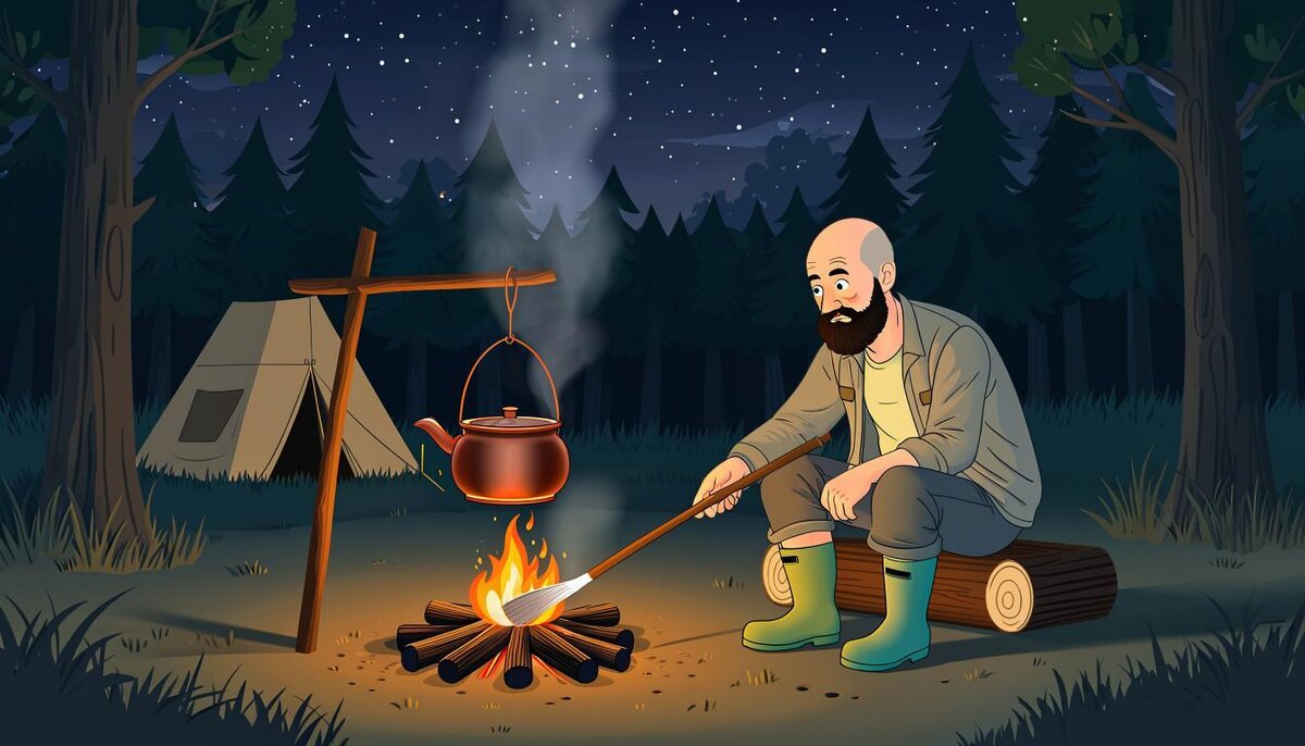 Профессор Умнодар в лесу у костра