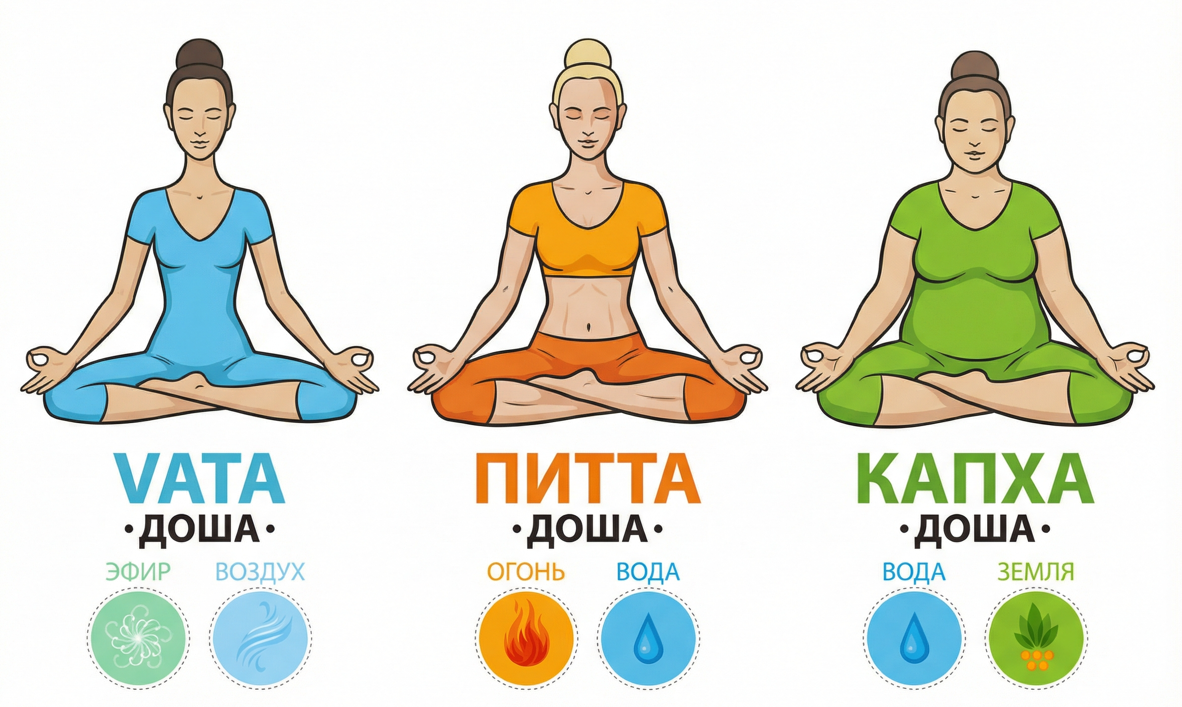 Схематичное изображение типов телосложения 3х дош