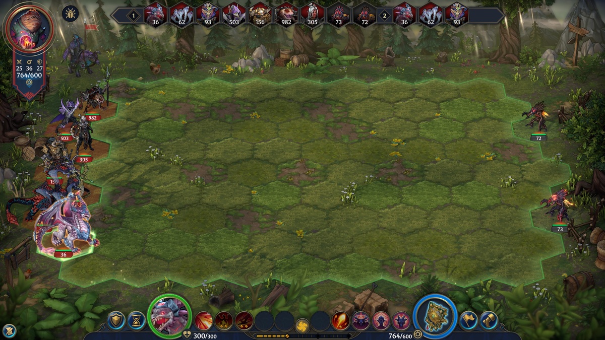 Обратите на правый нижний угол экрана: 3 иконки с розовым фоном — это стойки. Каждая из них даёт бонус к одной из характеристик: минотавр — к атаке, эльф — к защите, дракон — к силе магии. Бонус равен 2, умножить на уровень навыка. Скриншот из игры.