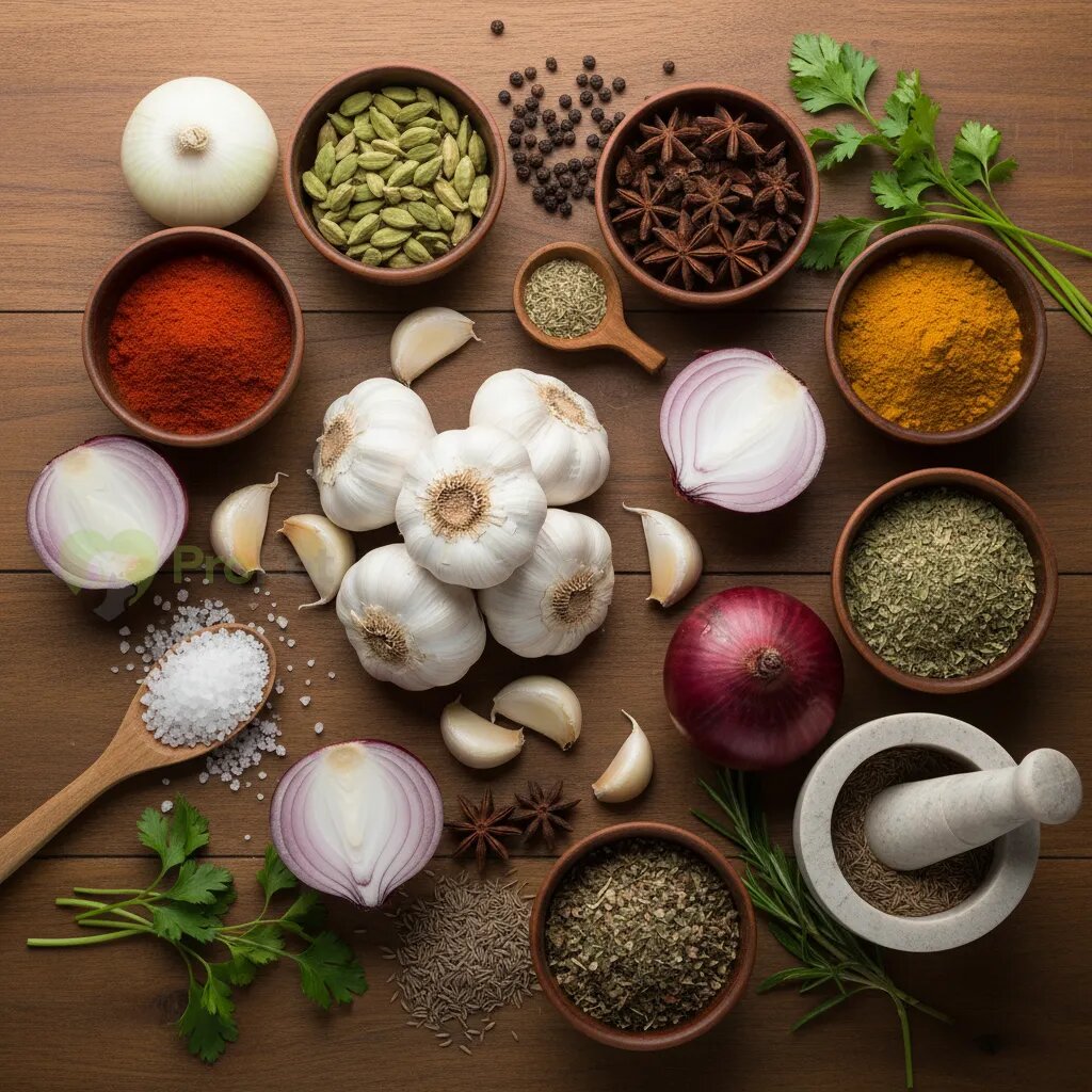 Разложенные на столе специи, лук и чеснок