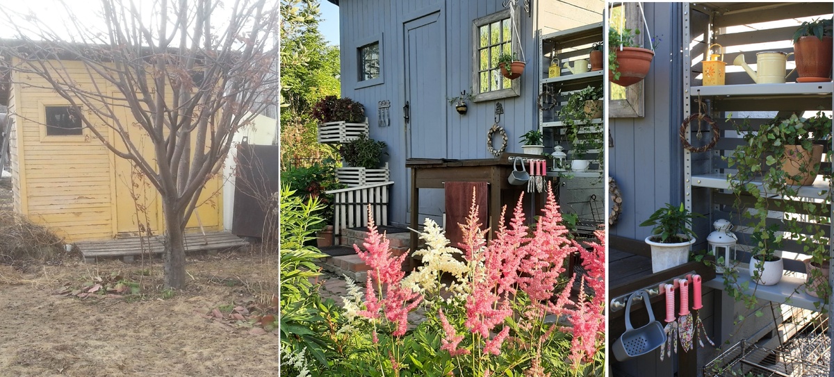    Слева: фото «домика» от 2017 года. В центре и справа: обновленный сарай и обустройство вокруг него.