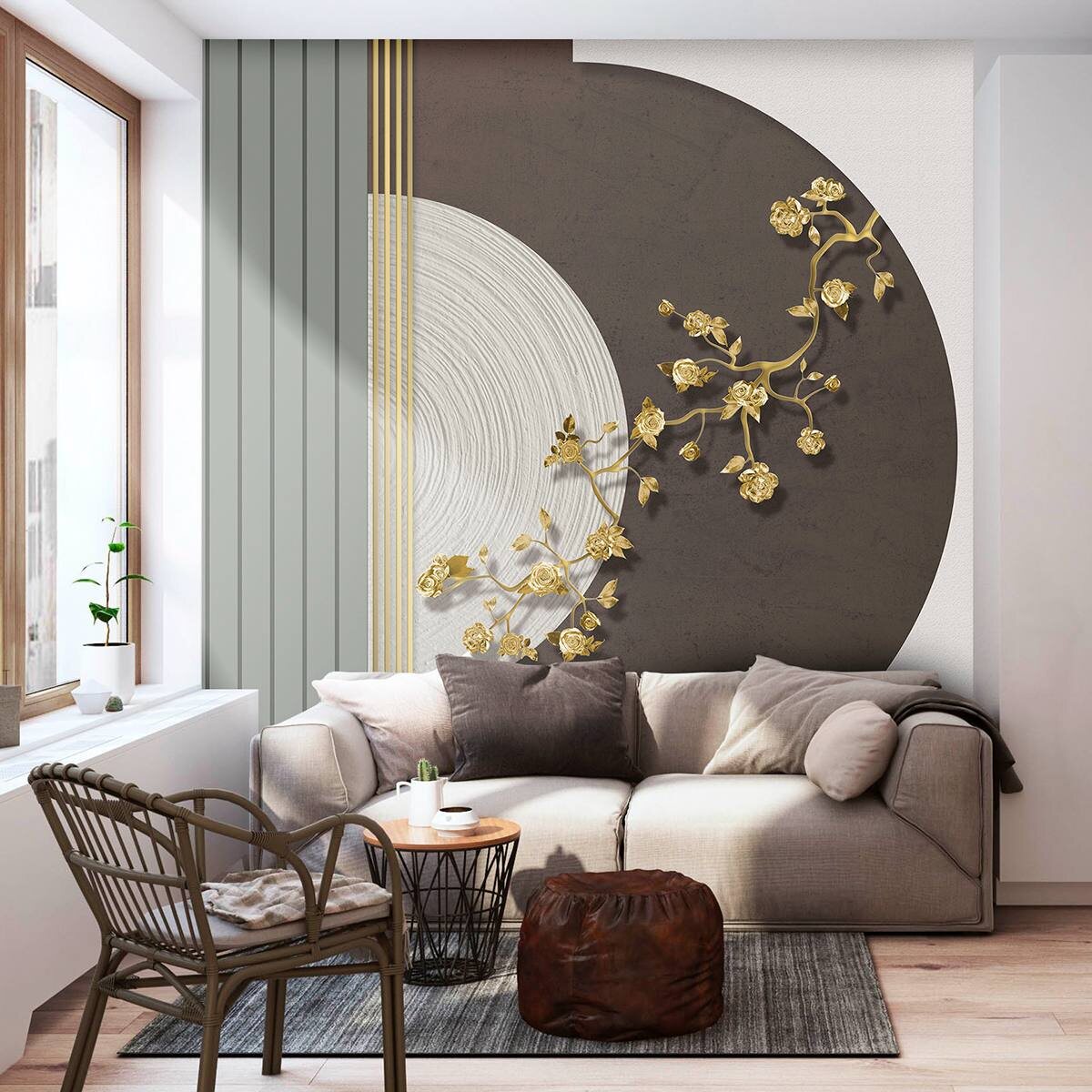 Пример интерьера гостевой зоны. Акцентная отделка стены - флизелиновые фотообои VEROL. Артикул на WB: 147596305.