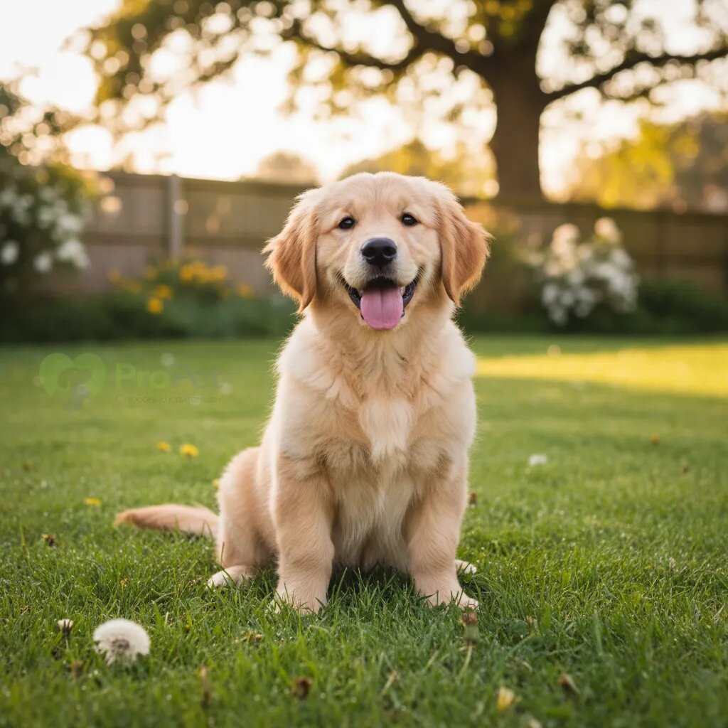 Счастливый щенок золотистого ретривера сидит на траве