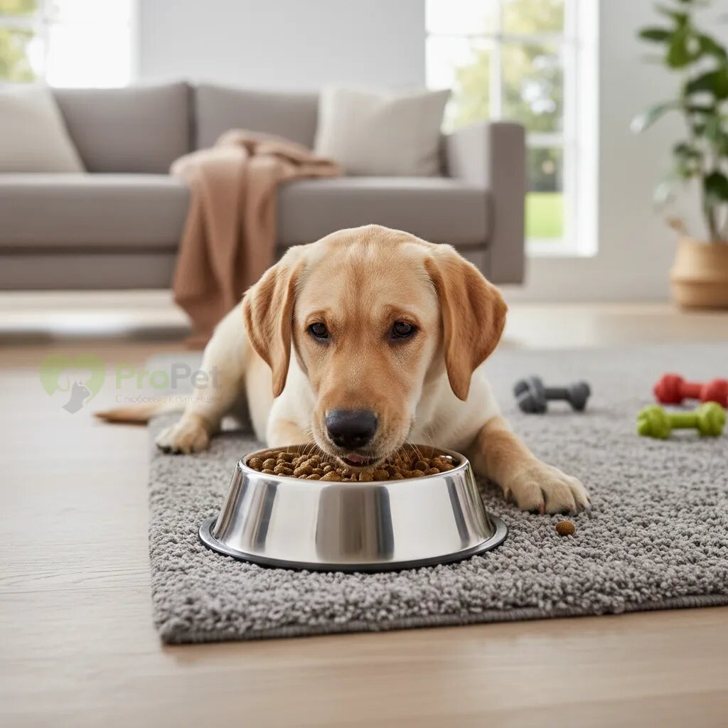 Щенок лабрадора ест сухой корм из металлической миски