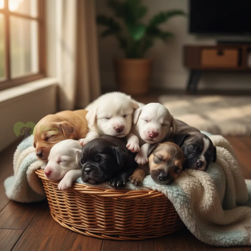 Корзина с новорожденными щенками разных пород, спящими вместе