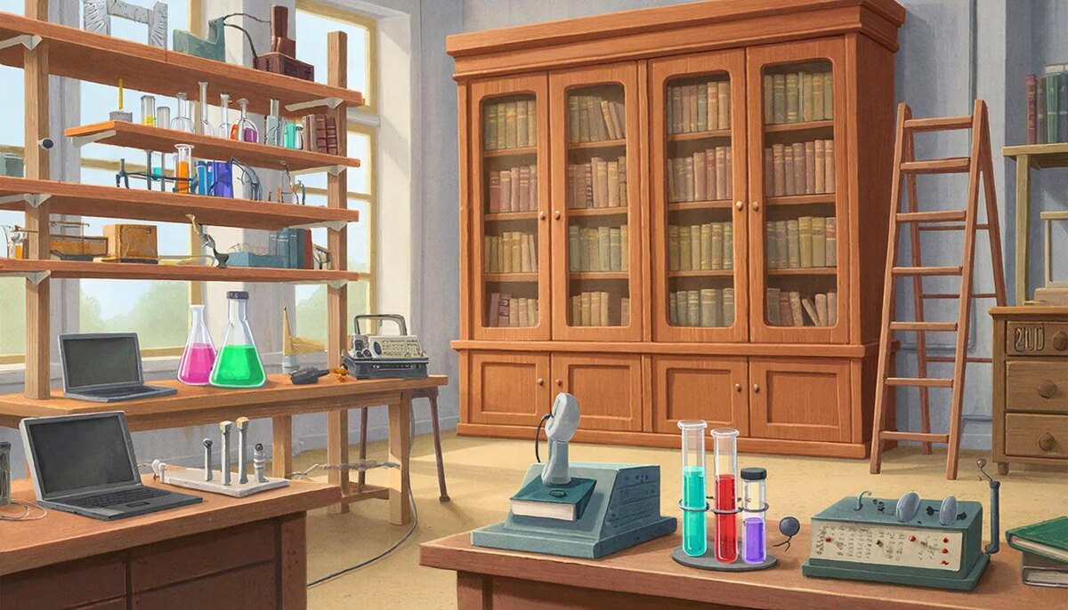 Старинный книжный шкаф в лаборатории Умнодара