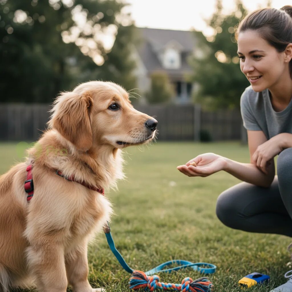 Щенок-подросток с любопытством смотрит на владельца во время тренировки
