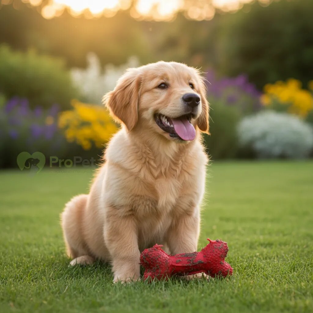 Счастливый щенок золотистого ретривера сидит на траве с игрушкой