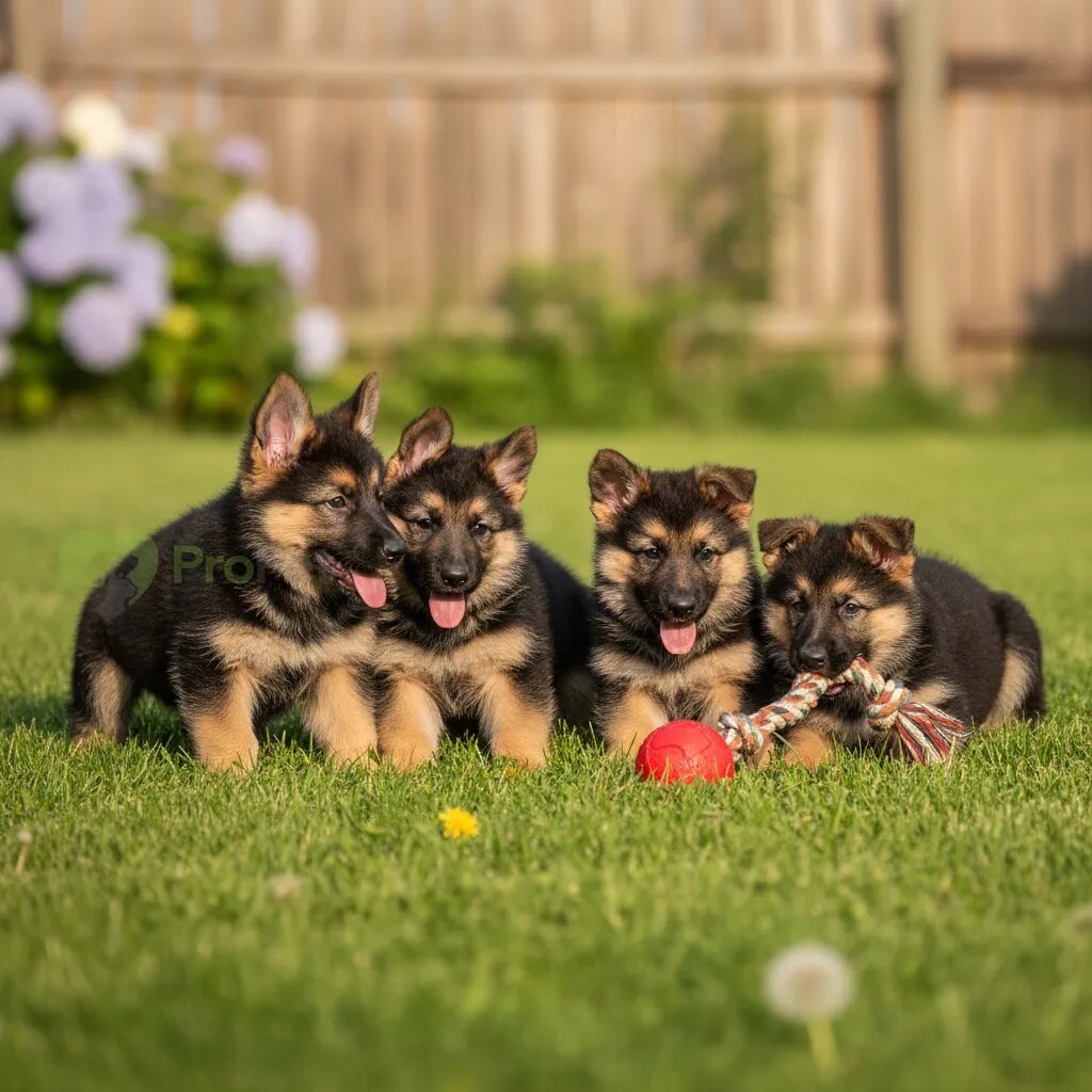 Несколько щенков немецкой овчарки играют вместе