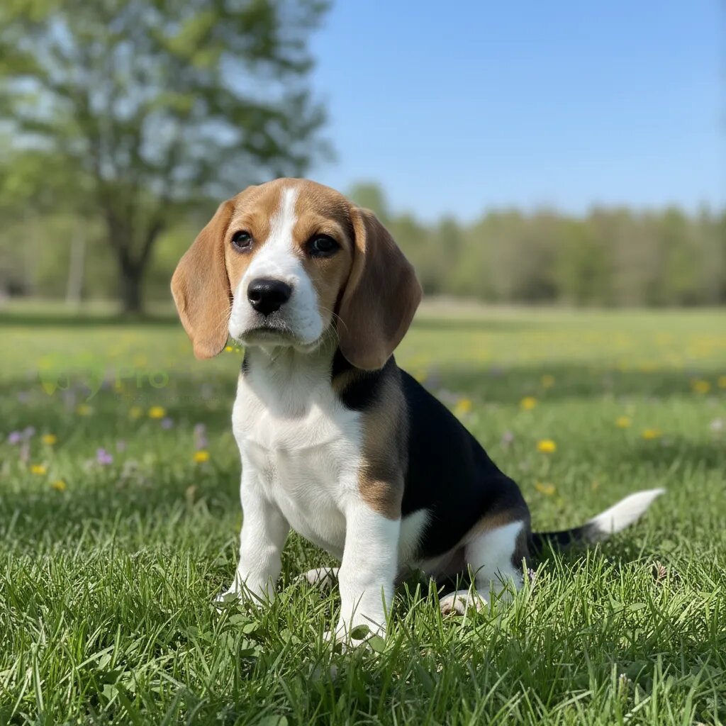 Щенок породы бигль с темной спинкой сидит на траве