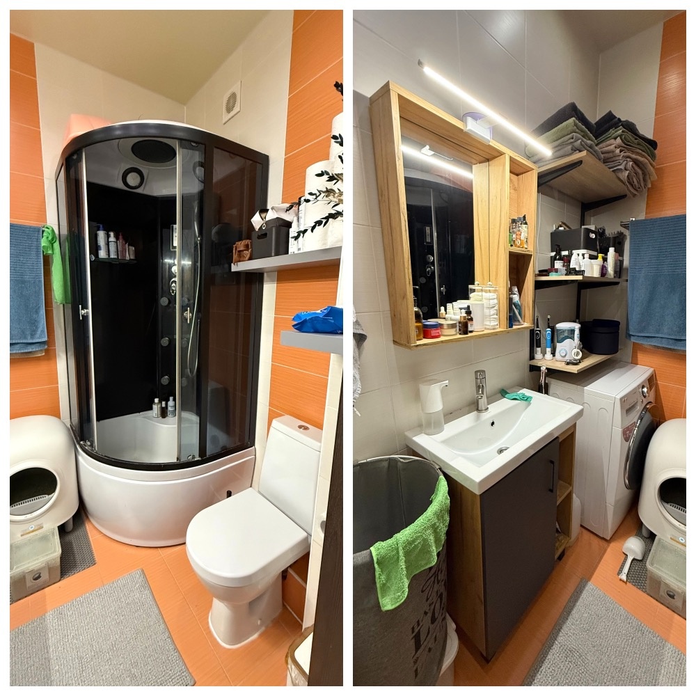 У нас классная светлая кухня, но темная и маленькая (и неудобная) ванная комната. Естественно, я вам ее и показываю редко. Как видите, идеального порядка в ней нет (и чудовищного бардака тоже)