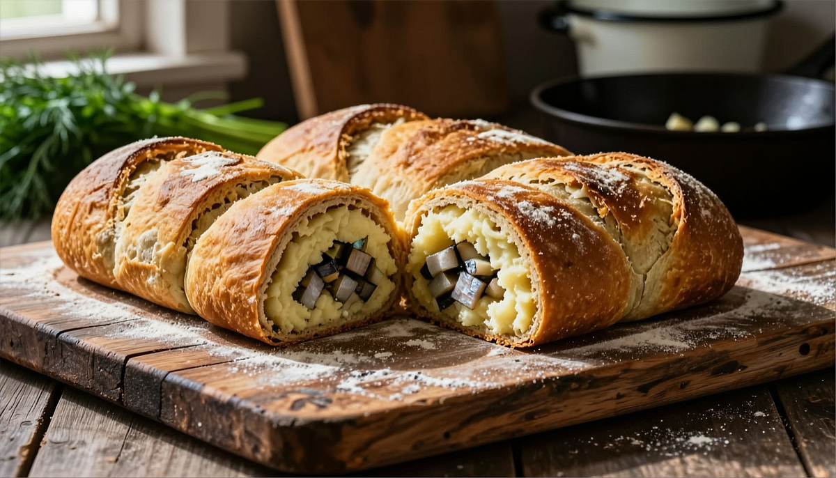 🥘 «Кулебяка-рулет» по-архангельски: на ржаной закваске с начинкой из сельди и картофеля — «рыбный пирог без раскатки».