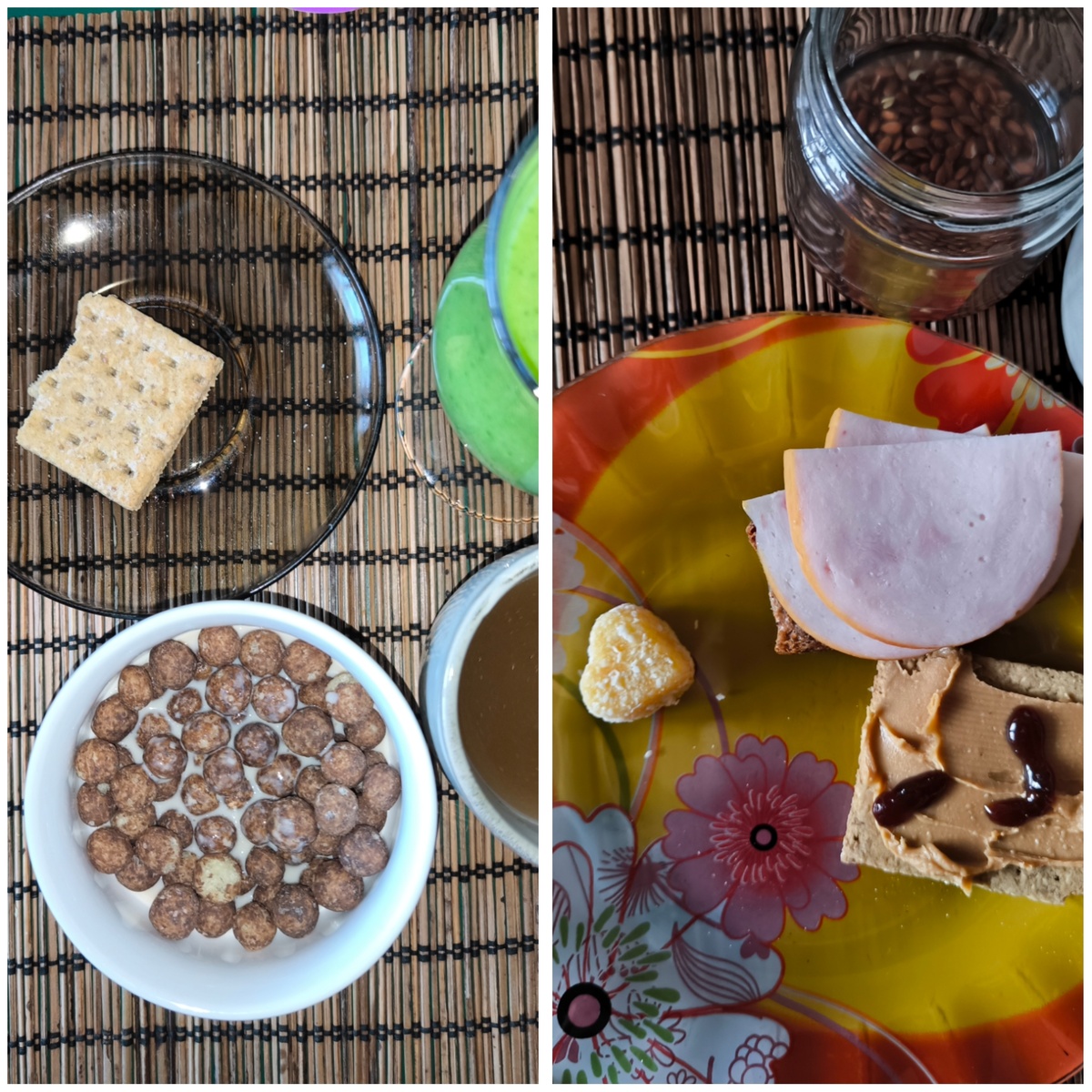 Это два завтрака: амарантовые хлопья, бульон костный, смузи из шпината и авокадо, печенье из кокосовой муки; конфета манго-кокос, арахисовая паста с финиковым  сиропом