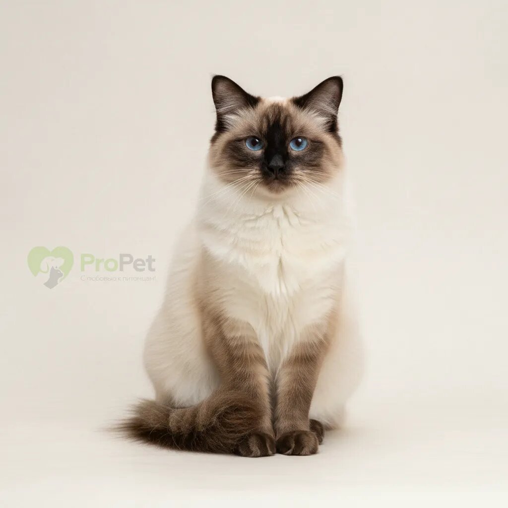 Взрослая балинезийская пушистая кошка окраса сил-пойнт сидит на светлом фоне