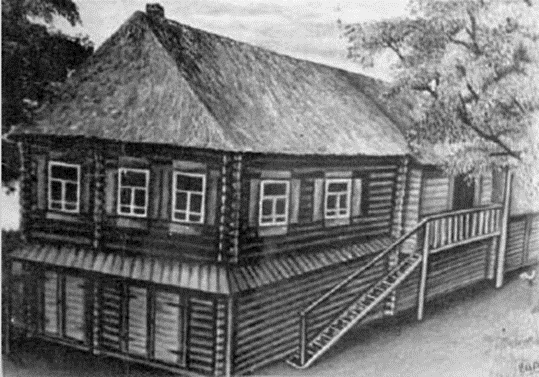 Дом, в котором родился С.А. Есенин. Рисунок Л.Ф. Милеевой, созданный по воспоминаниям А.Н. Есенина. Период создания: 1926 г. Источник: http://myryazanfoto.ru/Konstantinovo.htm